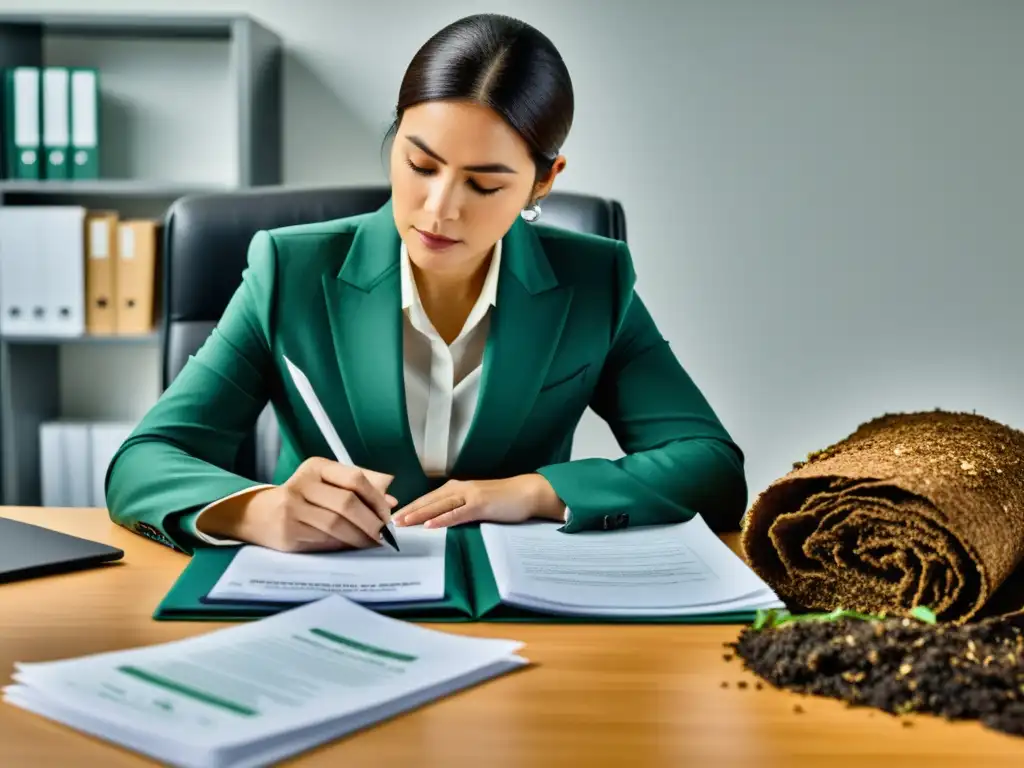 Abogado revisando leyes de compostaje sostenible en oficina moderna