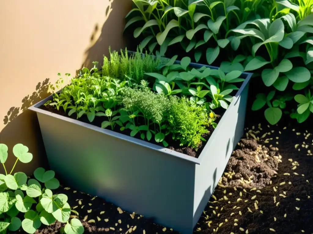 Abono verde y compostaje en casa: Jardín exuberante con cultivos verdes creando un tapiz denso y texturizado, bañado por la luz solar