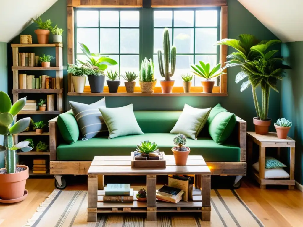 Acogedora sala con decoración reciclada: mesa de palets, sillas forradas, plantas, luz solar y elementos vintage