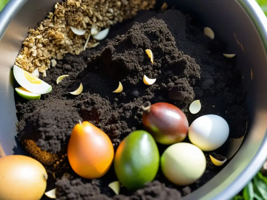 Compostaje orgánico en acción: acelerando la descomposición natural Un activador de compostaje casero natural, con capas de materiales orgánicos en descomposición, evocando sostenibilidad y ecoamigabilidad