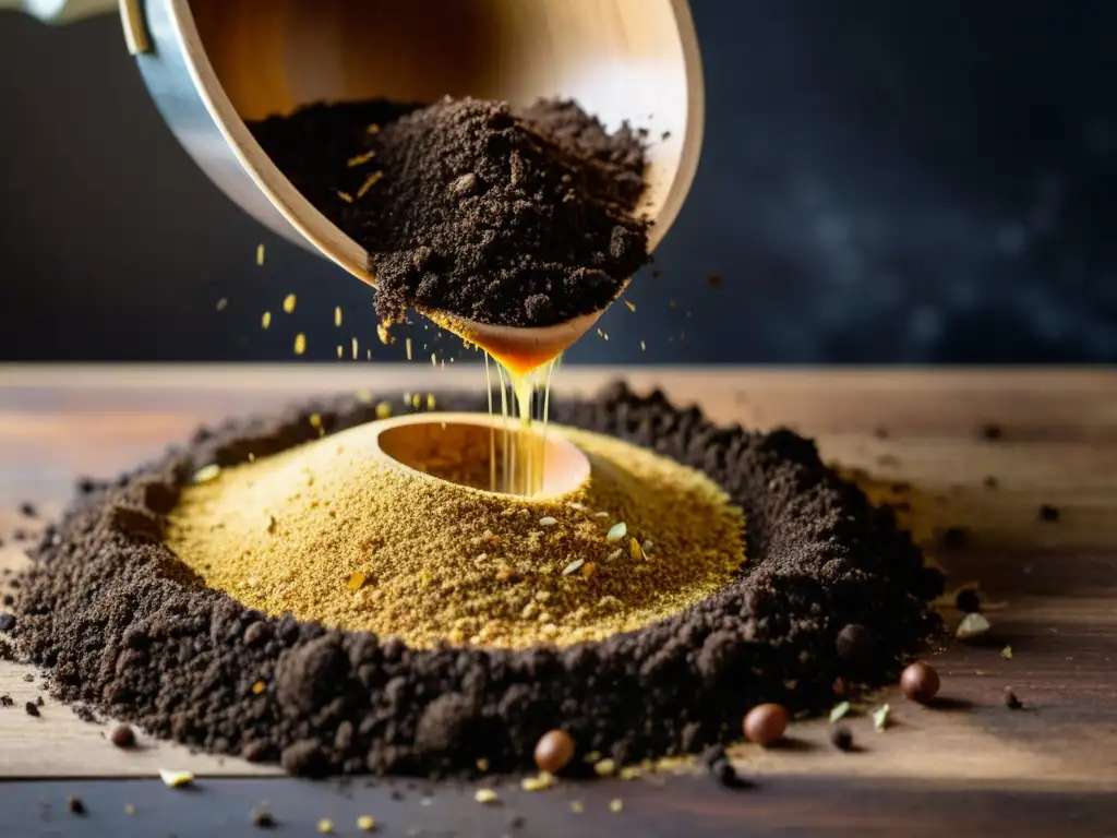 Mezcla de compost: café, cáscaras de huevo y vegetales Activador compostaje casero natural esparcido sobre residuos orgánicos, creando una imagen vibrante y enriquecedora