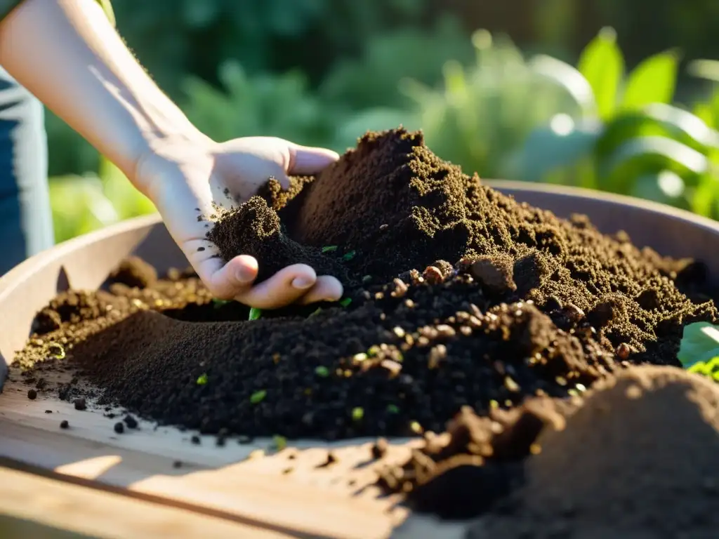 Activador de compost casero: Enriquiendo la tierra con cuidado Un activador de compostaje casero natural es esparcido sobre desechos orgánicos, resaltando la textura y color de los ingredientes naturales
