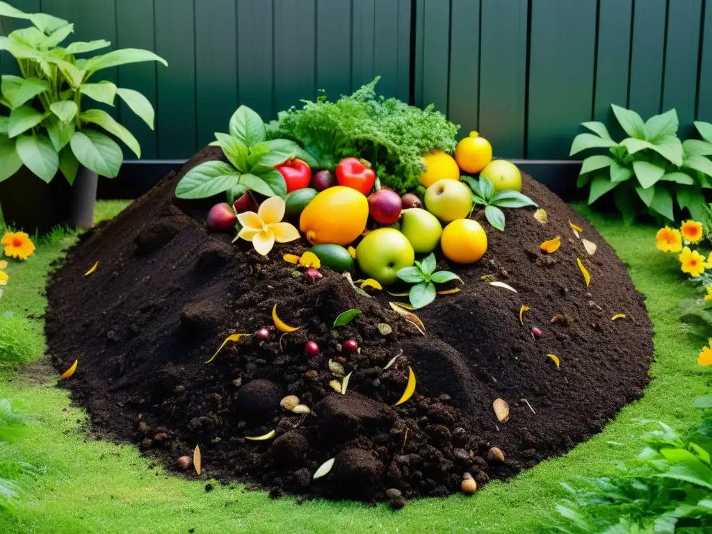 Compostaje casero: Belleza en descomposición Un activador natural de compostaje casero en un jardín, con materiales orgánicos en descomposición rodeados de plantas exuberantes y flores vibrantes