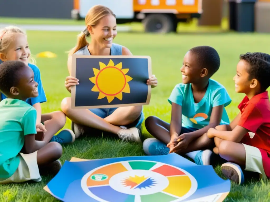 Actividades educativas reciclaje niños: Maestra y niños en círculo en campo con materiales reciclables, aprendiendo y compartiendo, bajo el sol