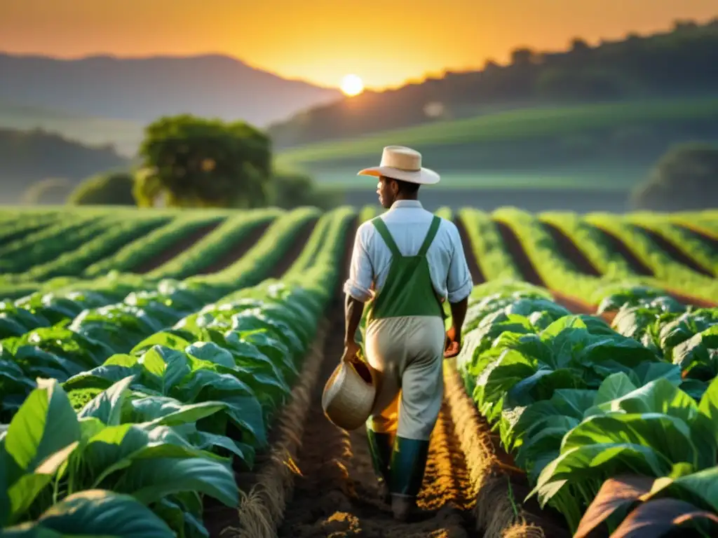 Un agricultor cuida con dedicación un campo de cultivos vibrantes bajo el cálido sol, capturando la esencia de los beneficios del apoyo a productores