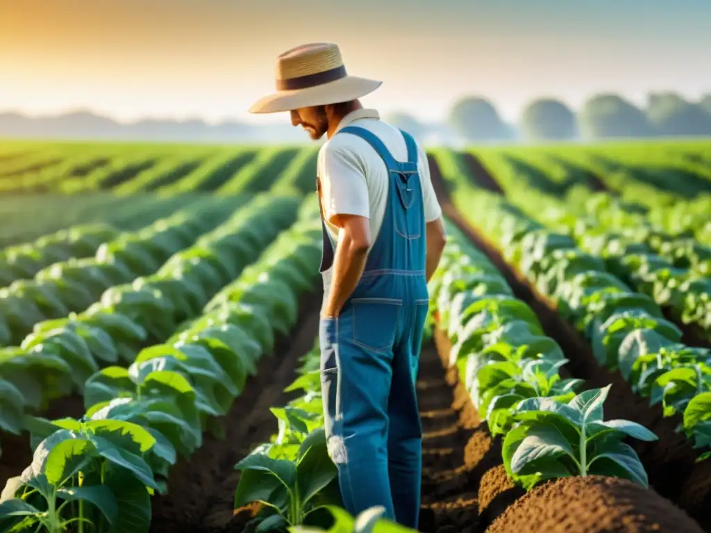 Un agricultor aplica con destreza fertilizante orgánico en un campo exuberante