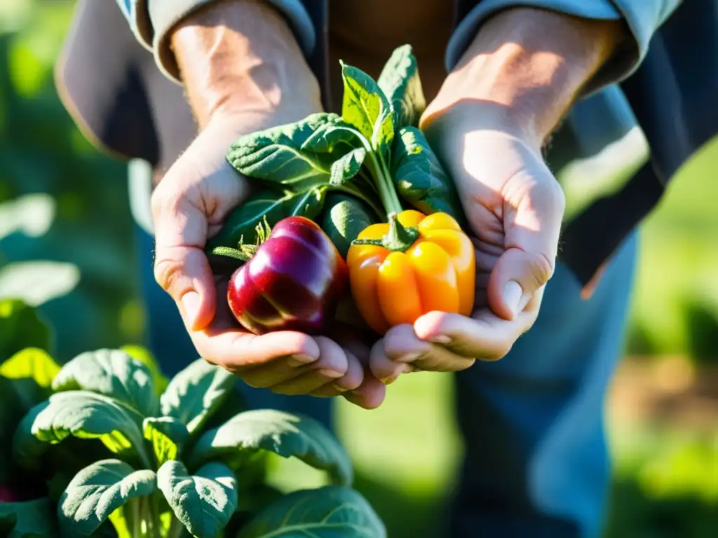 Un agricultor sostiene vegetales recién cosechados en sus manos, resaltando los beneficios del apoyo a productores locales