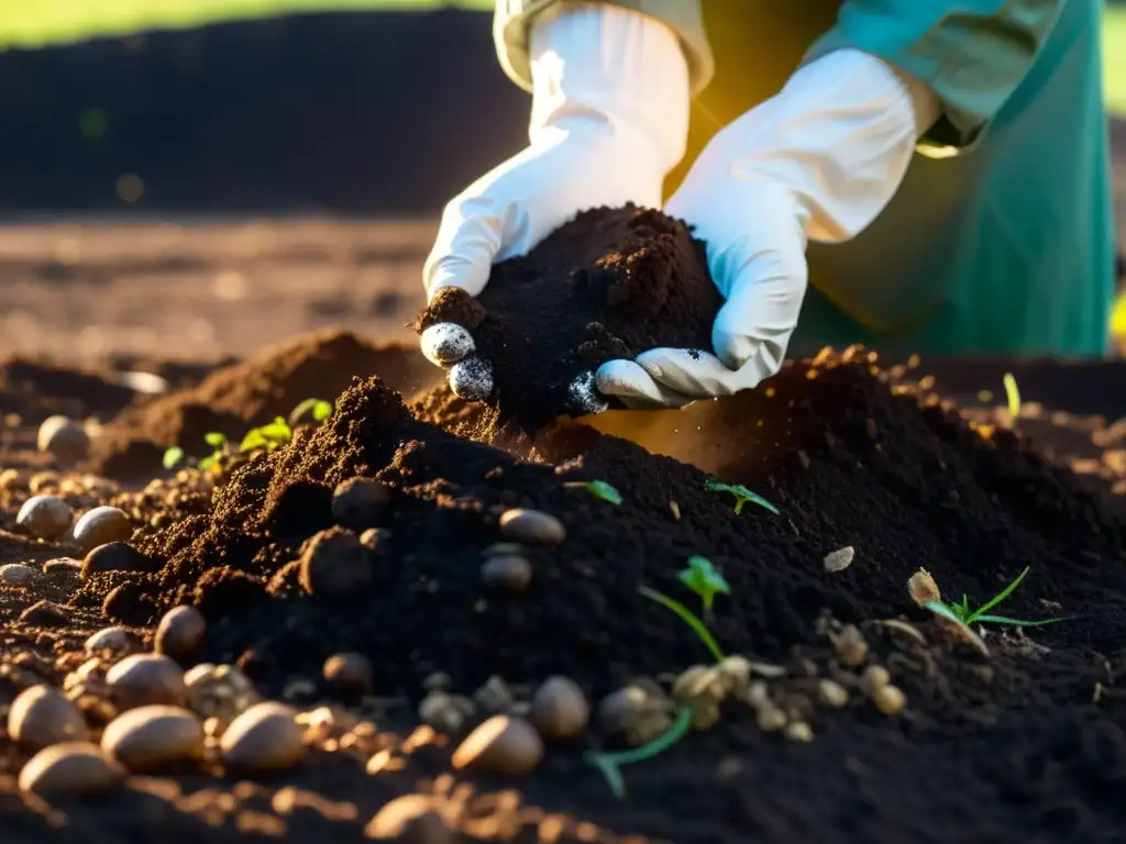 Ajuste pH suelo con compost: manos esparciendo compost oscuro y rico sobre la tierra, con partículas orgánicas visibles y luz solar cálida