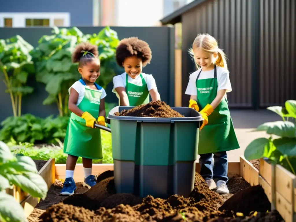 Alegre compostaje urbano para niños en la ciudad, añadiendo restos de comida al compostaje y disfrutando del proceso educativo al aire libre