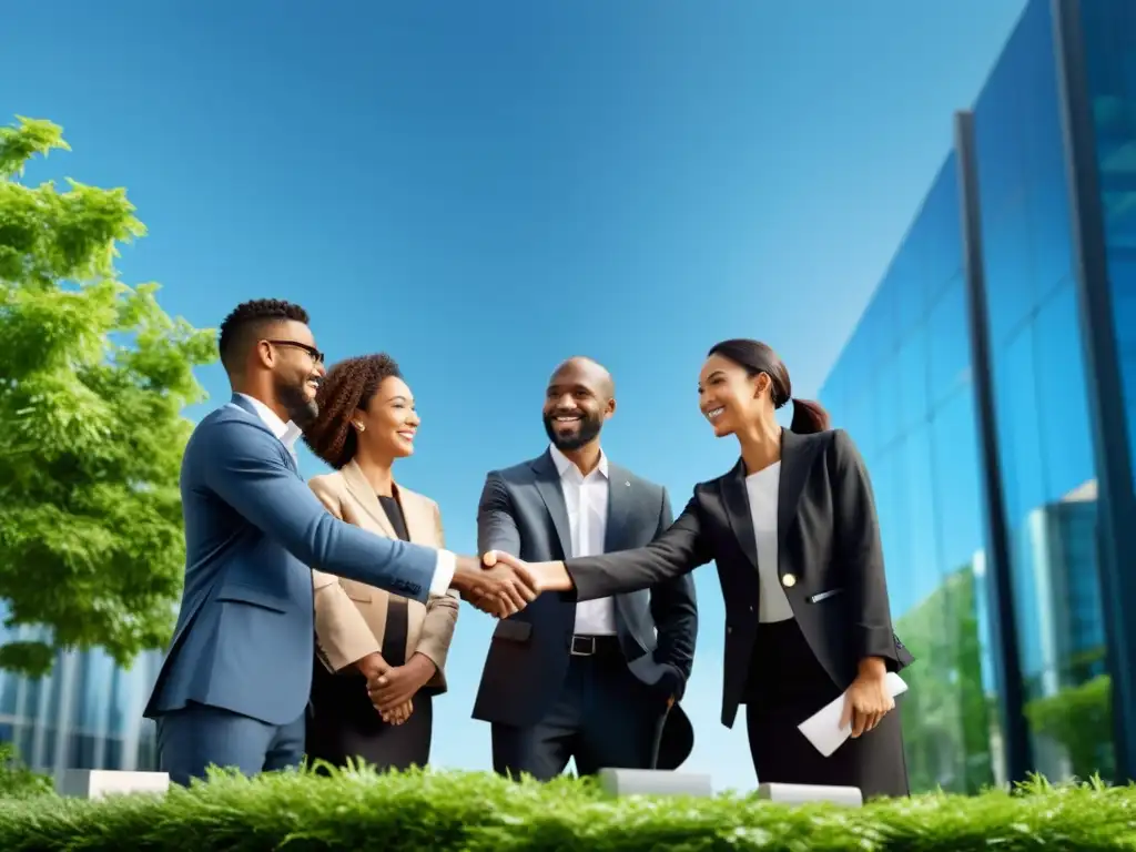 Alianzas estratégicas para emprendimiento reciclaje: Profesionales de negocios diversificados se dan la mano frente a un edificio moderno, con un cielo azul y vegetación exuberante en el fondo, sosteniendo artículos reciclables