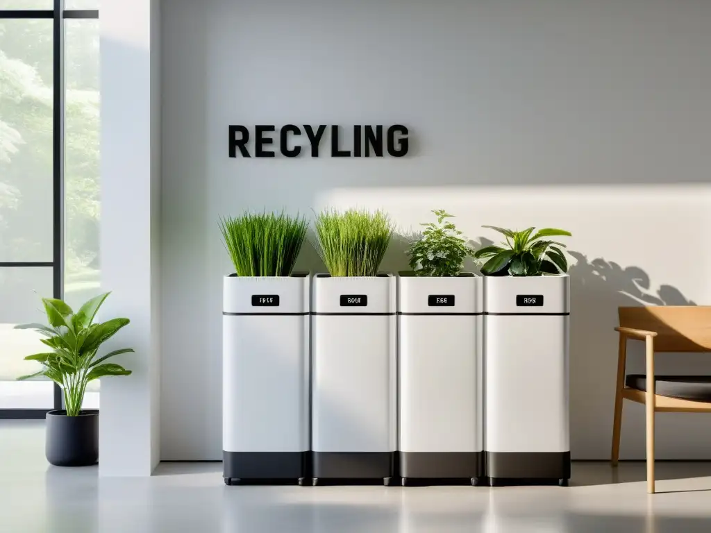 Alianzas entre Startups para Reciclaje: Estación de reciclaje moderna y elegante con separación de vidrio, plástico y papel, iluminada por luz natural