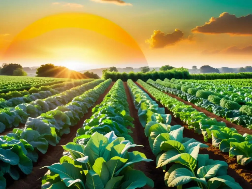 Producción de alimentos orgánicos: Campo verde exuberante con cultivos saludables bañados por el cálido sol, transmitiendo abundancia y sostenibilidad