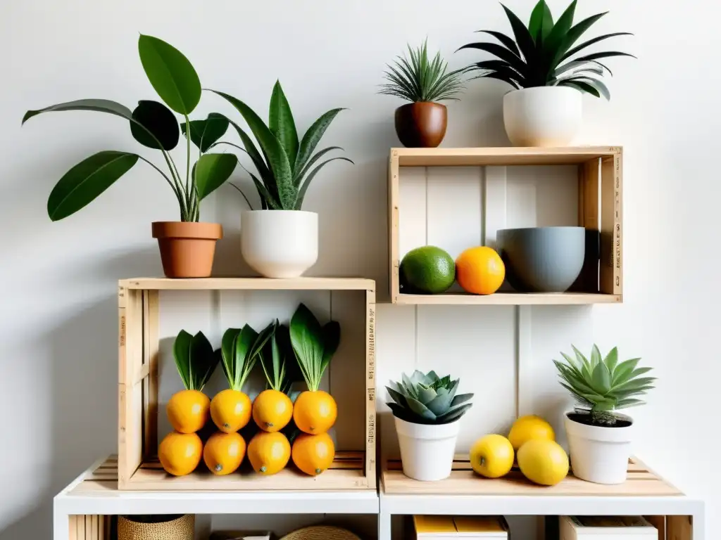 Solución de almacenamiento chic y minimalista reutilizando cajas de fruta, con un elegante fondo blanco