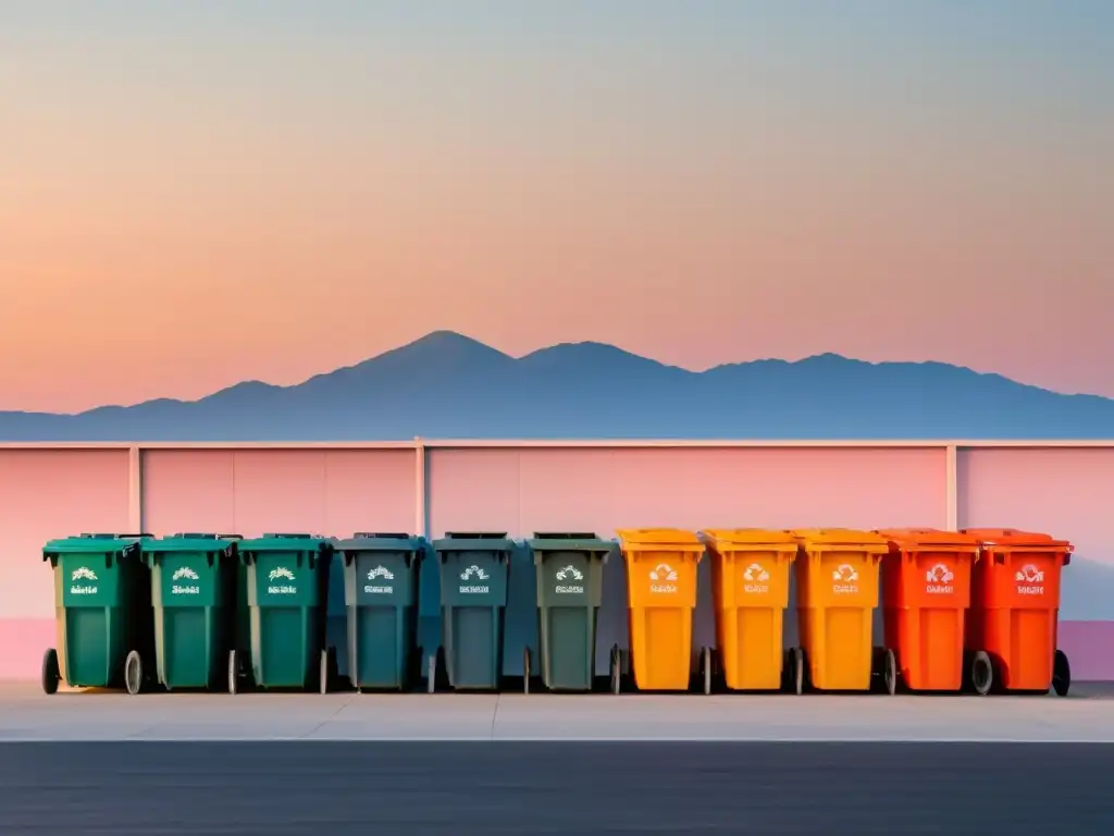 Un amanecer sereno en un centro de reciclaje, con sombras largas de los contenedores bajo la suave luz del sol