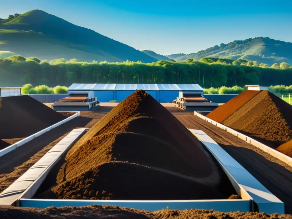 Un amanecer sereno en una planta de compostaje, con montones ordenados de compost, trabajadores y un entorno natural exuberante