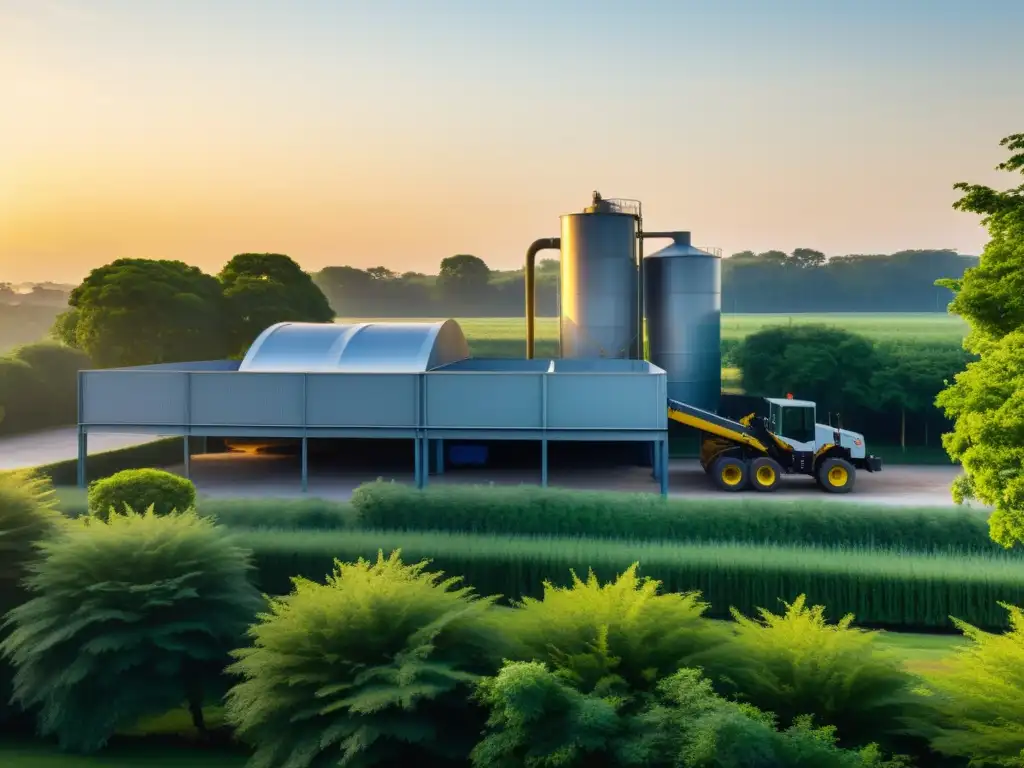Un amanecer sereno en una planta de reciclaje, con maquinaria moderna y exuberante vegetación