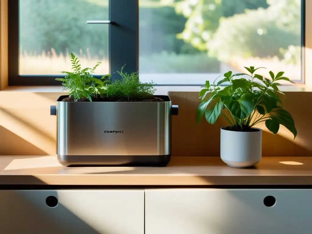 Un ambiente sereno en una cocina moderna con un contenedor de compostaje y técnicas de compostaje en casa, iluminado por luz natural