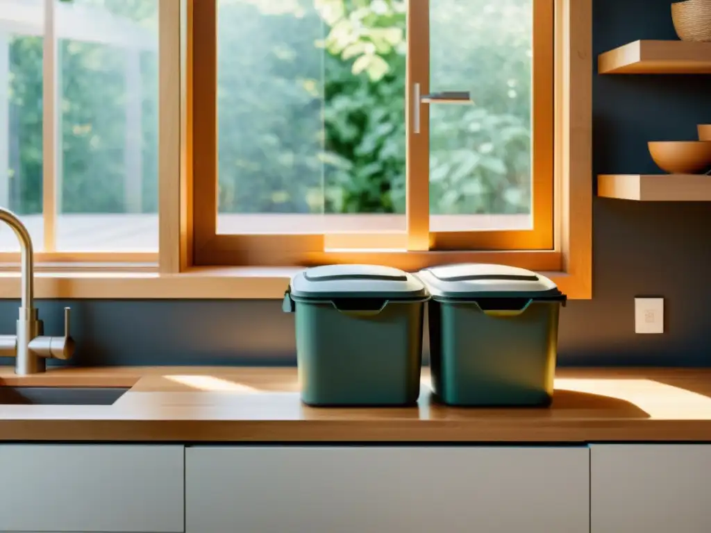 Un ambiente sereno y minimalista en una cocina moderna con contenedores separados para compost, reciclaje y residuos regulares