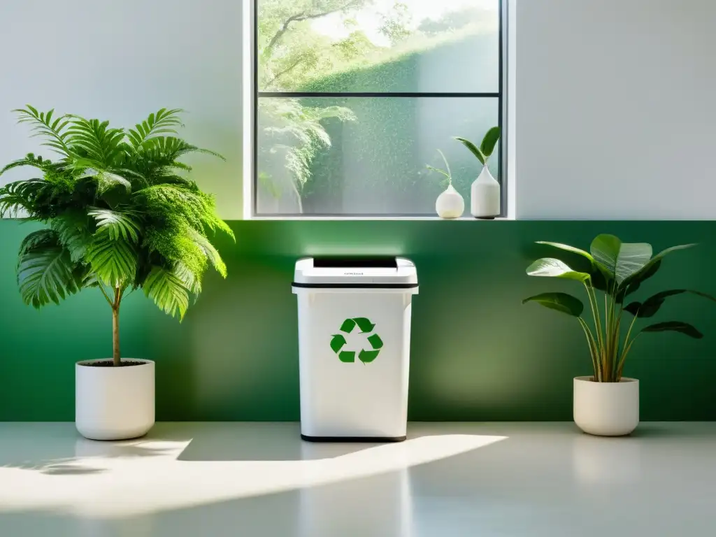 Un ambiente sereno con un moderno contenedor de reciclaje de TerraCycle en un espacio blanco y plantas verdes exuberantes