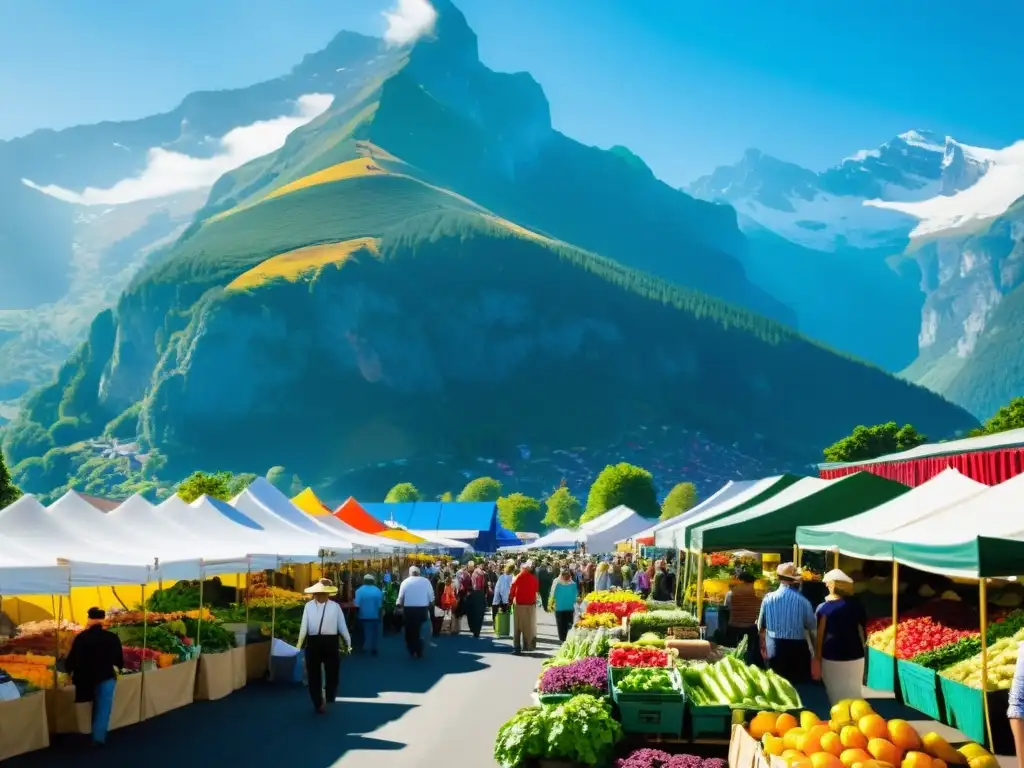 Un animado mercado agrícola con puestos de frutas, verduras y flores bajo el sol