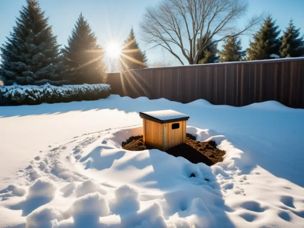 Un apacible compostaje de invierno en casa, con nieve cubriendo el suelo y el contenedor de compostaje de madera en un paisaje sereno y armonioso