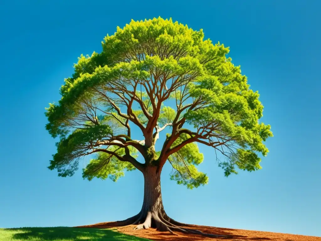 Un árbol exuberante con hojas vibrantes, bajo cielo azul