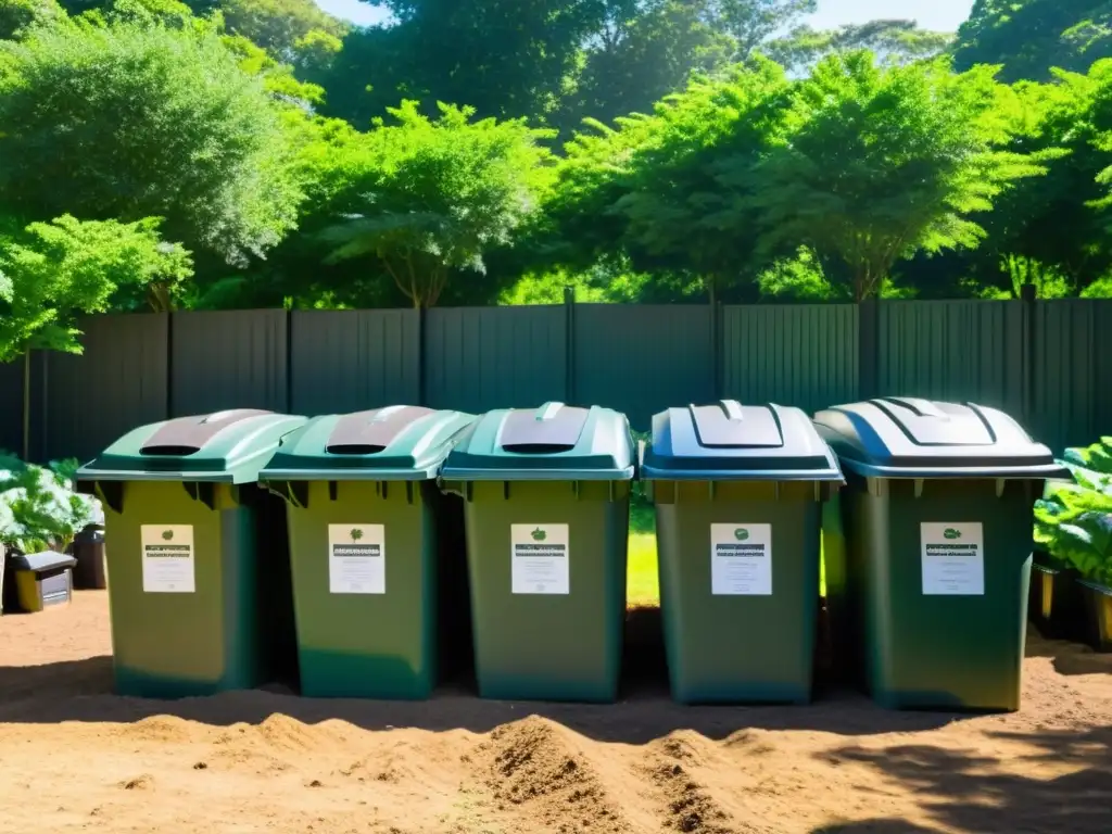 Un área comunitaria de compostaje con contenedores ordenados, rodeada de exuberante vegetación y luz solar