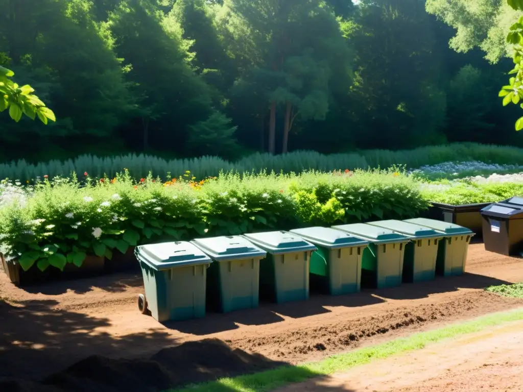 Armonía natural en compostaje, con bins ordenados y vegetación exuberante