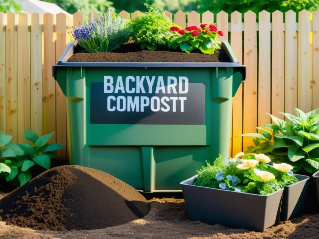 Un armonioso plan de negocio compostaje sostenible en un jardín, con contenedores de compostaje ordenados y plantas exuberantes