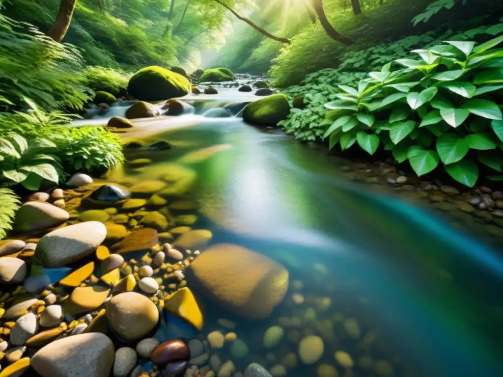 Un arroyo de aguas cristalinas fluye a través de un exuberante bosque, creando una escena serena y armoniosa