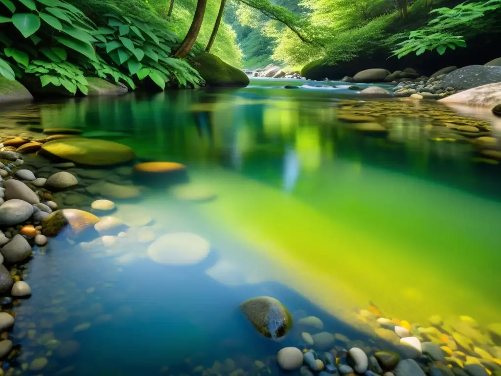 Un arroyo cristalino fluye entre árboles verdes en un paisaje sereno, evocando la belleza natural y el impacto de la campaña Every Bottle Back