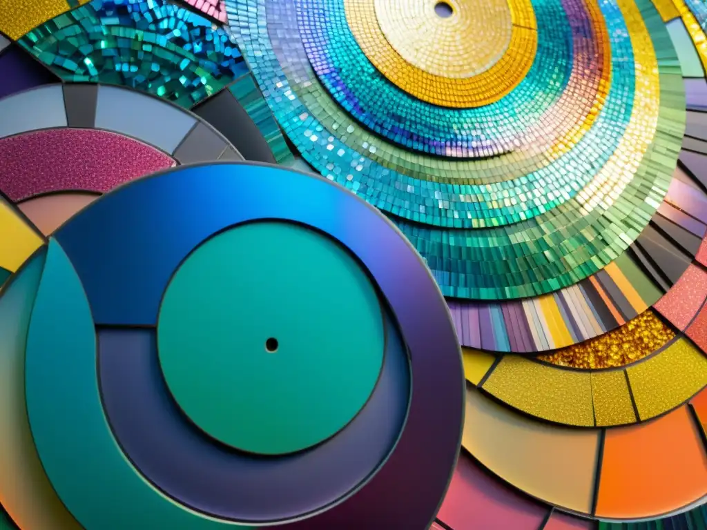 Arte con CDs y DVDs reciclados: Intrincado mosaico de colores y patrones, reflejando la luz en una impresionante obra de arte