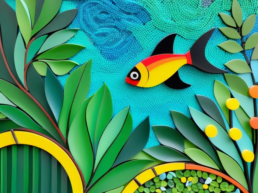 Arte de mosaico vibrante y detallado, creado con plástico reciclado