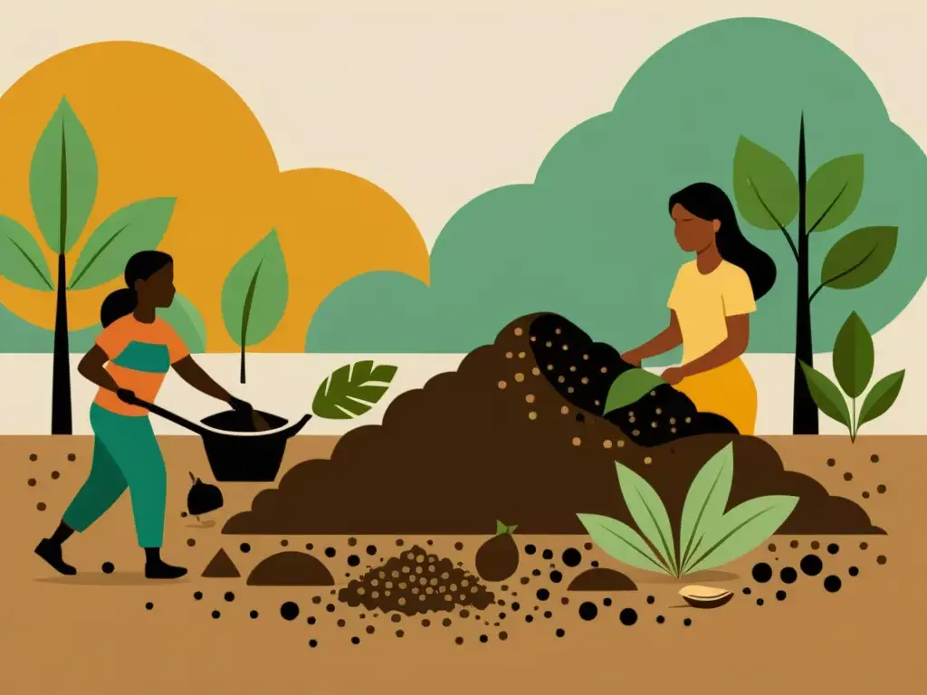 Arte de técnicas de compostaje indígenas, cuidadosamente cultivando un montón de compost rodeado de exuberante vegetación