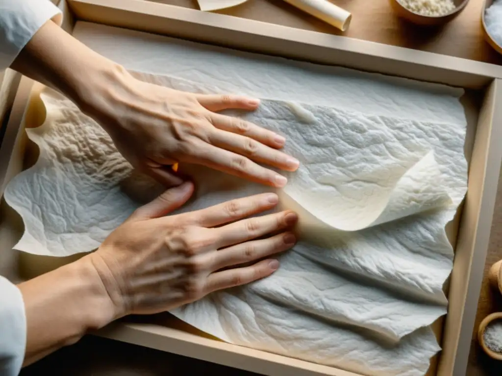 Artesanía de papel reciclado casero: manos moldeando pulpa en hojas, con luz natural y fondo minimalista