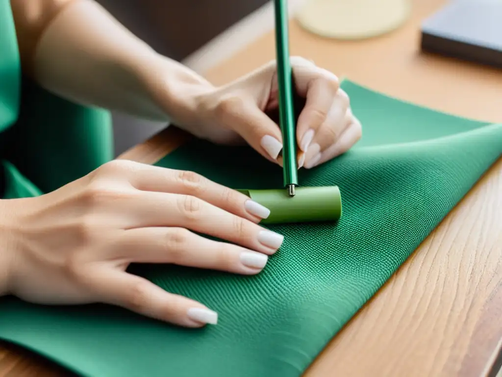 Un artesano hábil crea un elegante accesorio ecológico reciclado con destreza en un espacio de trabajo neutral