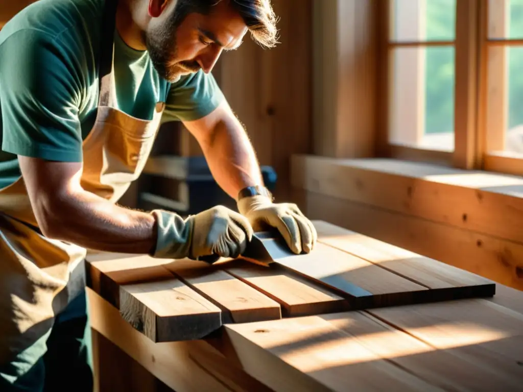 Un artesano experto y meticuloso lija una tabla de madera recuperada, con luz natural resaltando el proceso