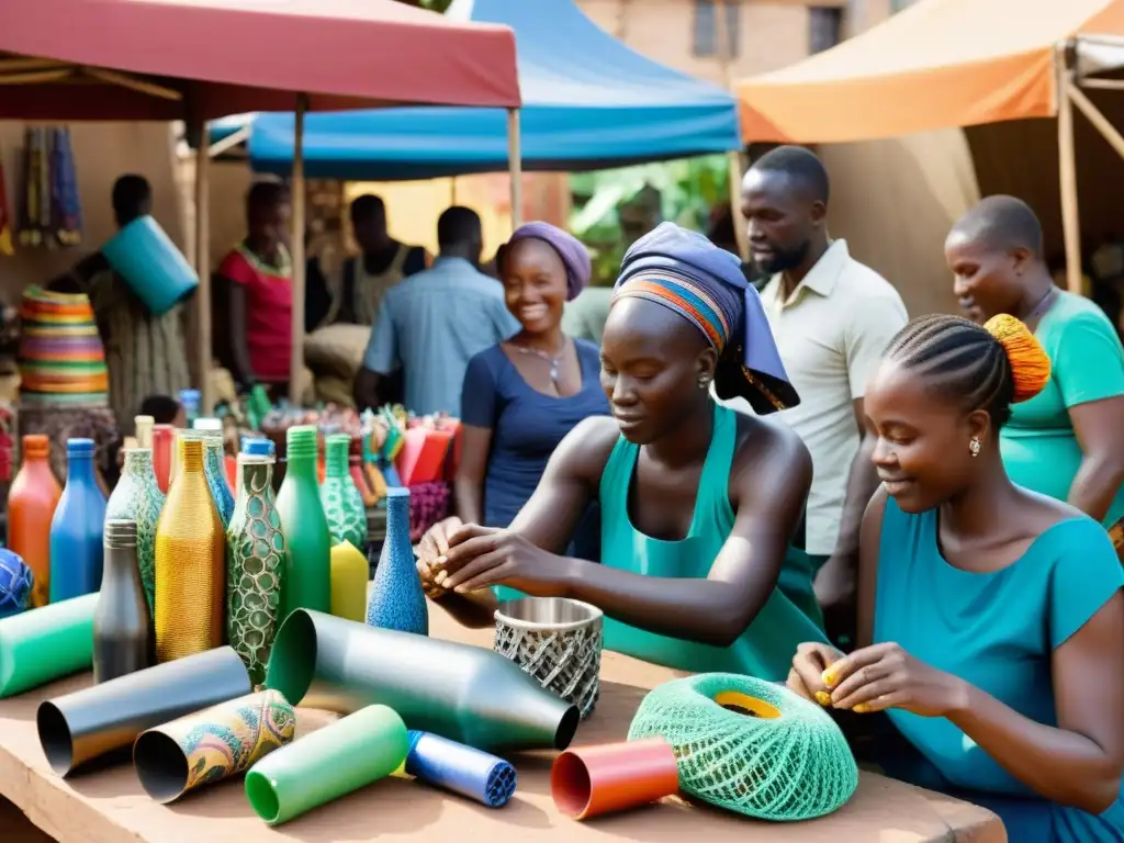 Artesanos africanos crean esculturas coloridas y detalladas a partir de materiales reciclados en un bullicioso mercado, representando negocios sostenibles con reciclaje en África