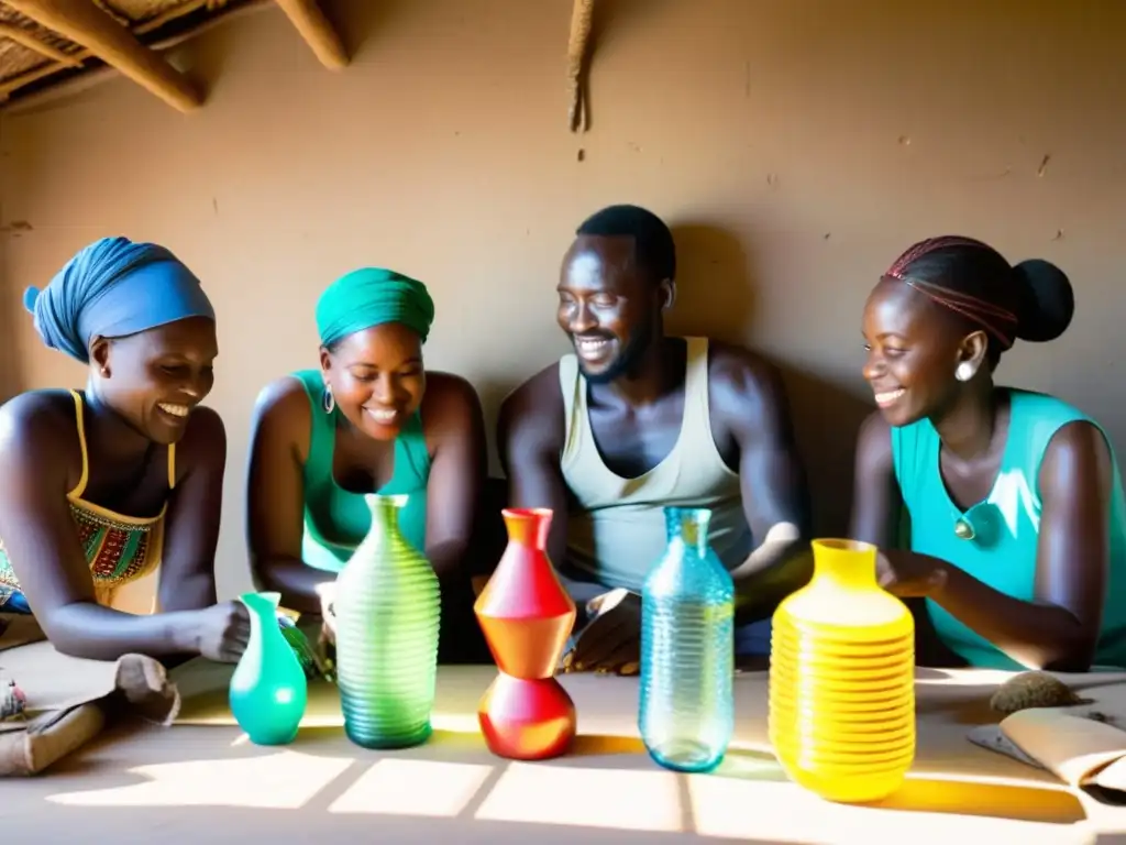 Artesanos africanos creando esculturas coloridas con materiales reciclados