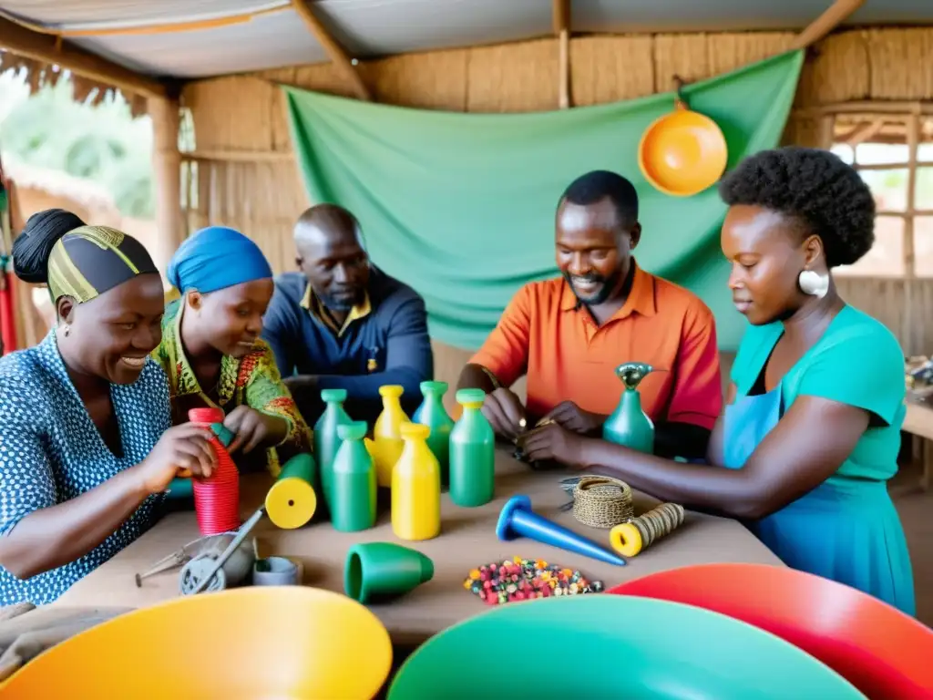 Artesanos africanos crean esculturas coloridas y detalladas con materiales reciclados, mostrando negocios sostenibles con reciclaje en África