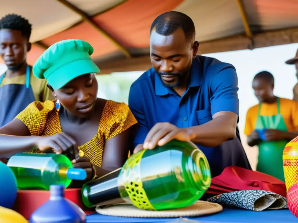 Artesanos africanos crean esculturas vibrantes con materiales reciclados en un mercado bullicioso