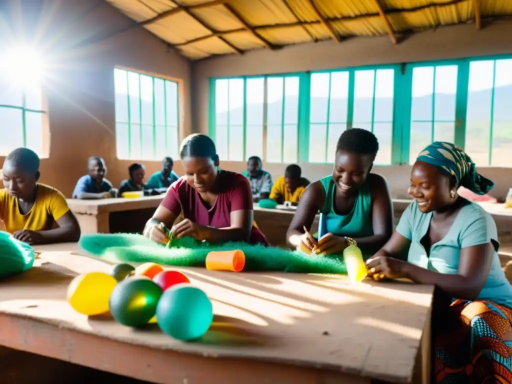 Artesanos en África creando negocios sostenibles con reciclaje, transformando materiales en obras de arte coloridas