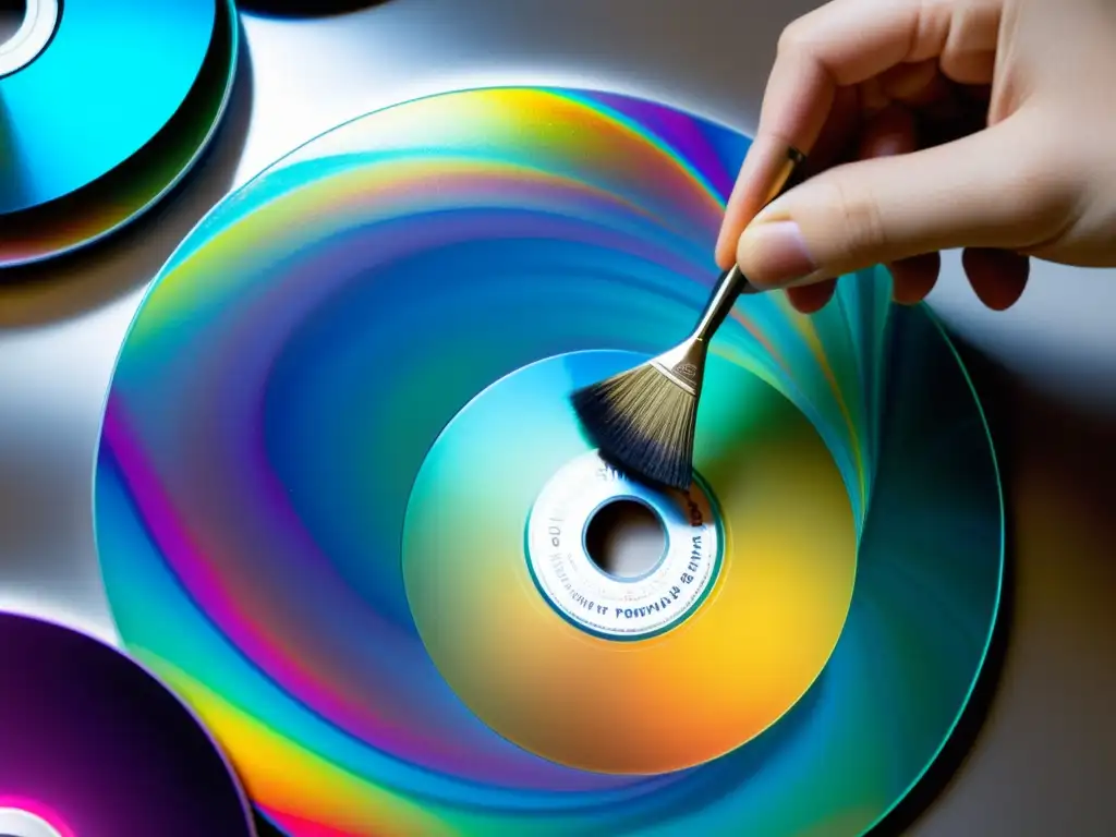 Un artista pinta con detalle en un CD reciclado, creando arte con CDs y DVDs reciclados