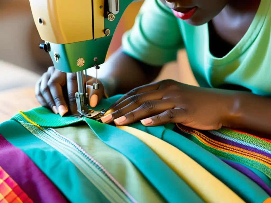 Un artista diseña ropa con tejidos reciclados, cosiendo con destreza y creatividad una prenda sostenible llena de color y textura