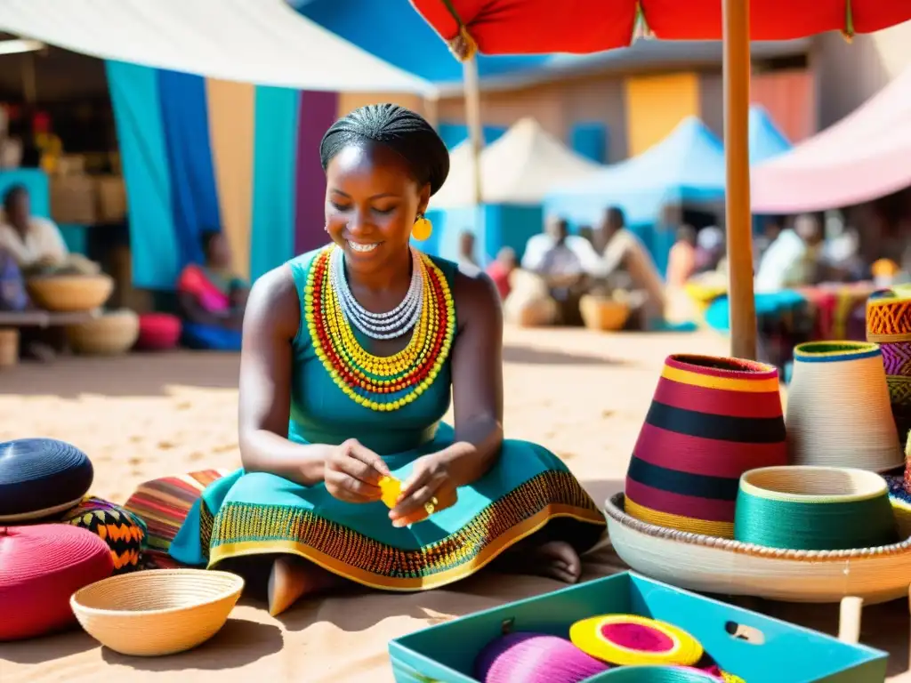 Artista en mercado africano tejiendo con materiales reciclados: Negocios sostenibles con reciclaje en África