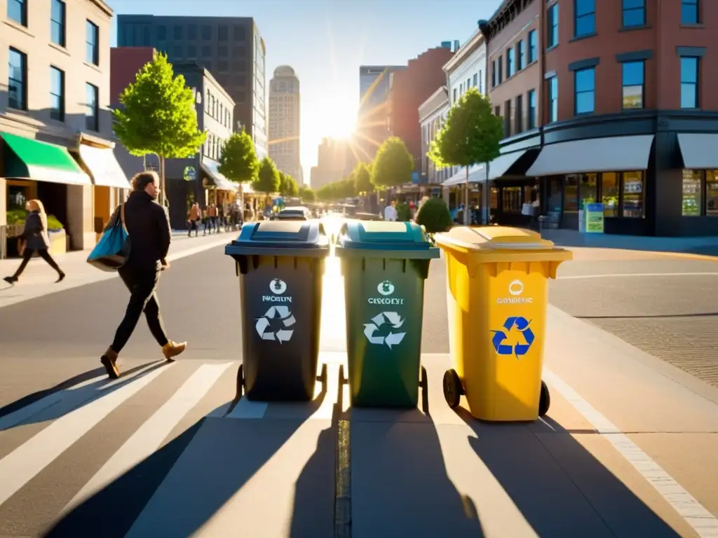 Un atardecer en la ciudad con contenedores de reciclaje para reducir enfermedades hogar, gente reciclando y edificios modernos