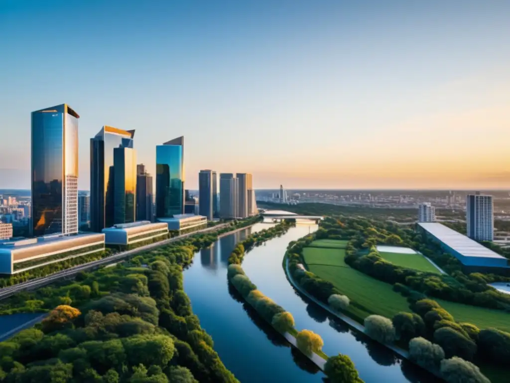 Un atardecer dorado ilumina una ciudad moderna en armonía con la naturaleza