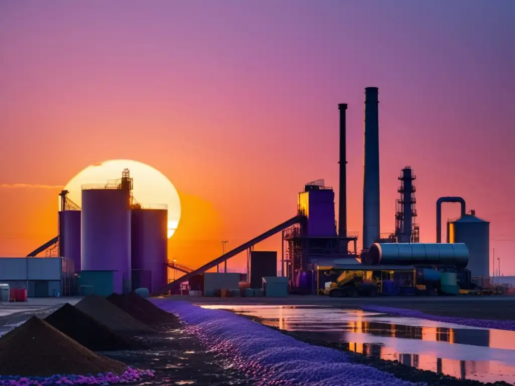 Un atardecer dorado ilumina una planta de reciclaje con detalle ultra definido, destacando el impacto climático del reciclaje