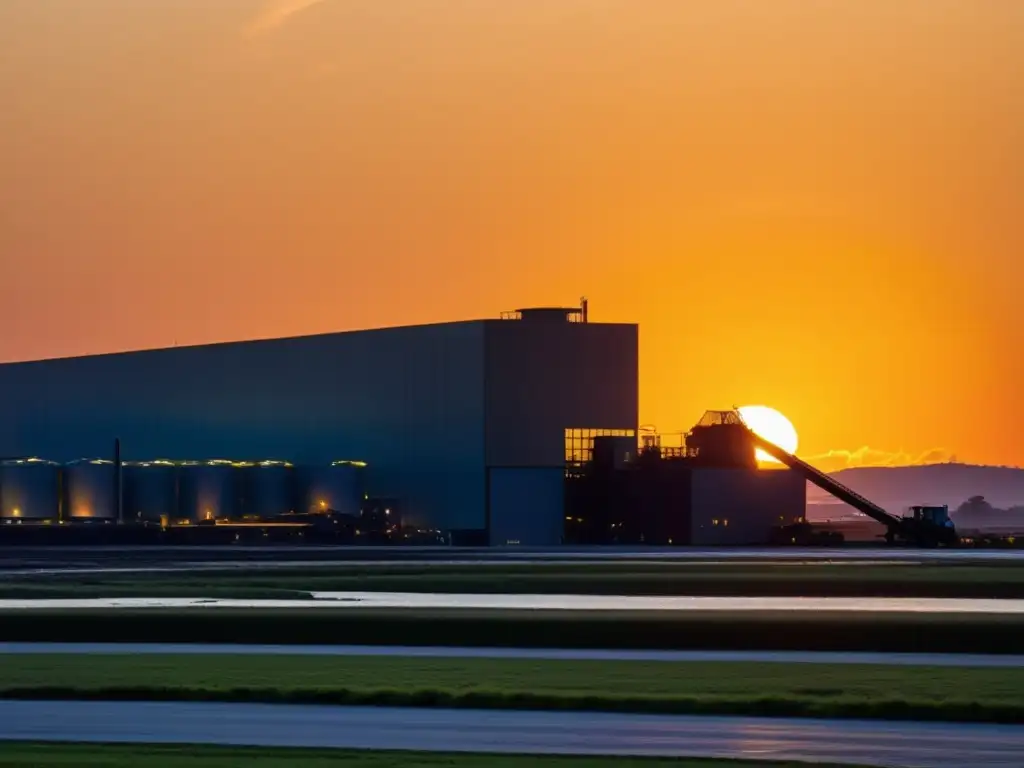 Un atardecer dorado ilumina una planta de reciclaje de plásticos, fusionando lo industrial con lo natural en armonía