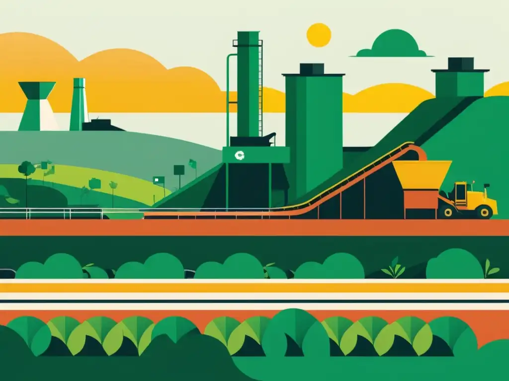 Planta de reciclaje al atardecer: armonía industrial y natural Un atardecer en una planta de reciclaje, con maquinaria moderna y naturaleza exuberante